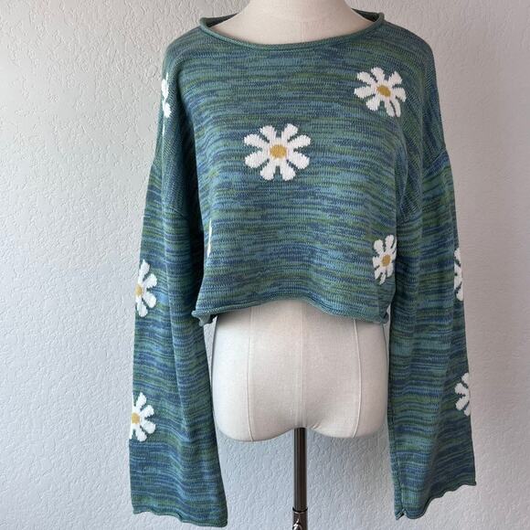 LA Hearts Cropped Daisy Sweater size Medium Green Blue Space Dye preppy - Picture 1 of 7